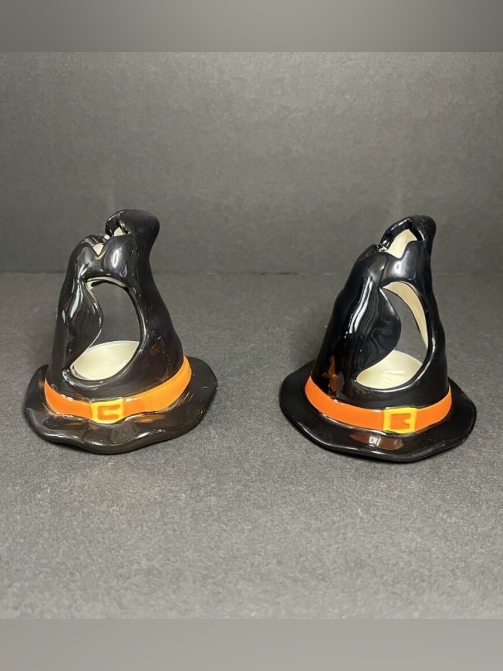 Set of 2 Halloween Black & Orange Ceramic Witch Hats Tealight Candle Holders 3"